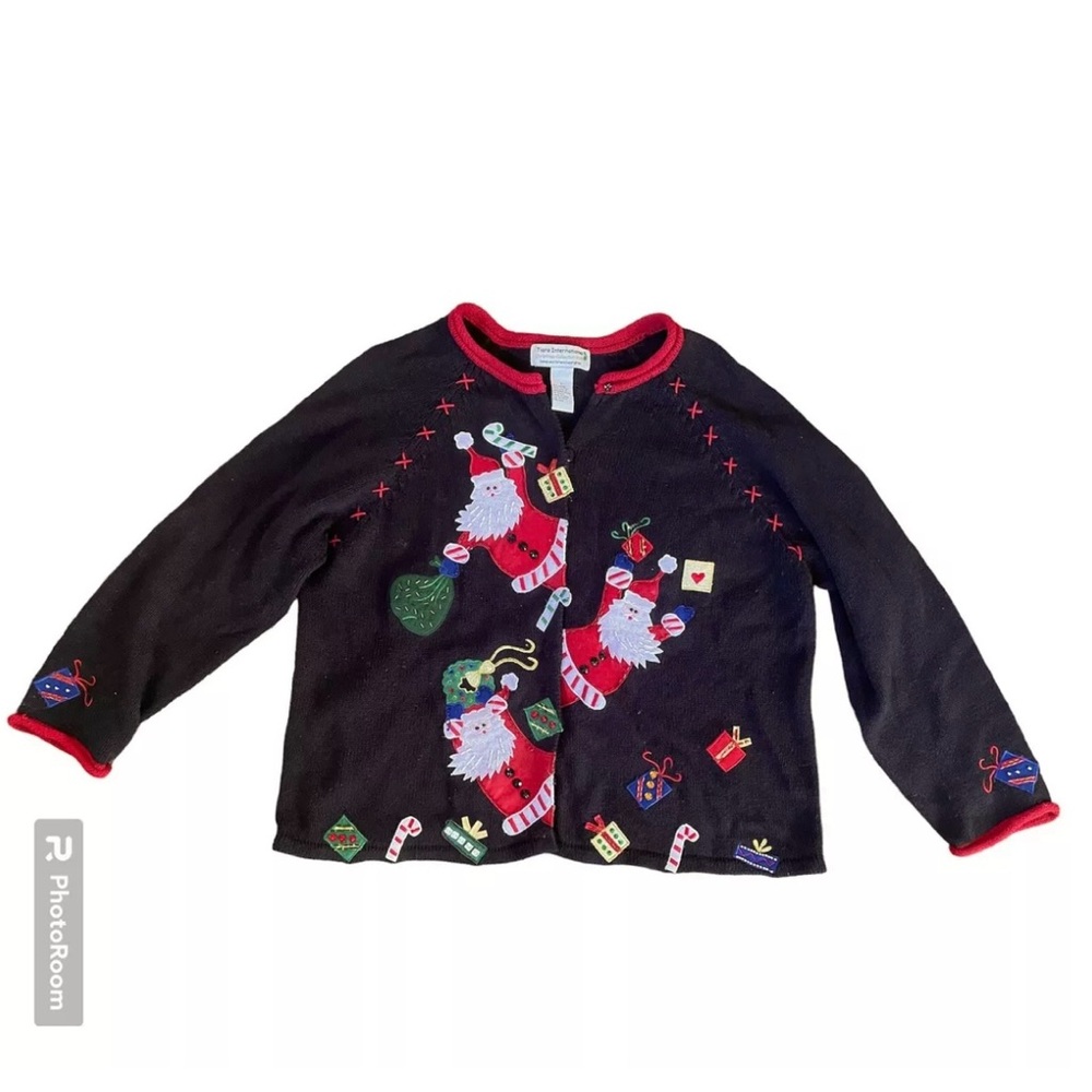 Vintage Tiara International Womens Christmas Sweater L Black Red Santa